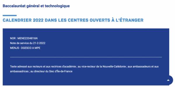 Calendrier des épreuves du baccalauréat dans les centres ouverts à l'étranger